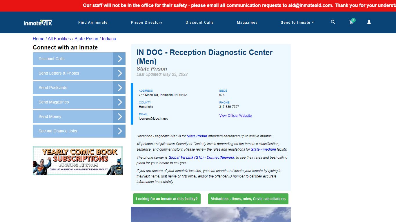 IN DOC - Reception Diagnostic Center (Men) & Inmate Search ...